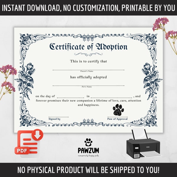 Pet Adoption Certificate US Letter & A4 size Printable Dog Adoption Certificate, Digital Download, Certificate of Adoption