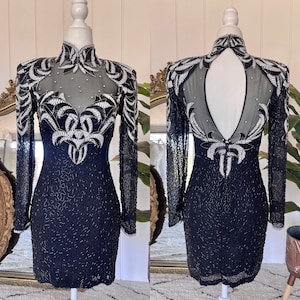Vintage Lillie Rubin Silk Sequin Dress - Stunning Sequin Holiday Dress - 80s High Neck, Keyhole Back Beaded Gown