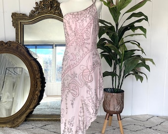 Vintage Pink Silk Sequin Gown – Beaded 90s Y2K Asymmetrical Dress -Size Large