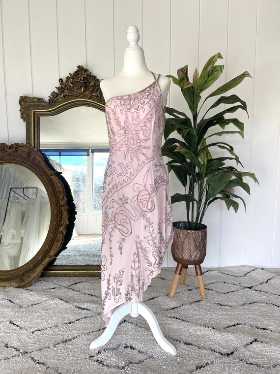 Vintage 90s Y2K Pink Sequin Embellished Silk Gown - Vintage