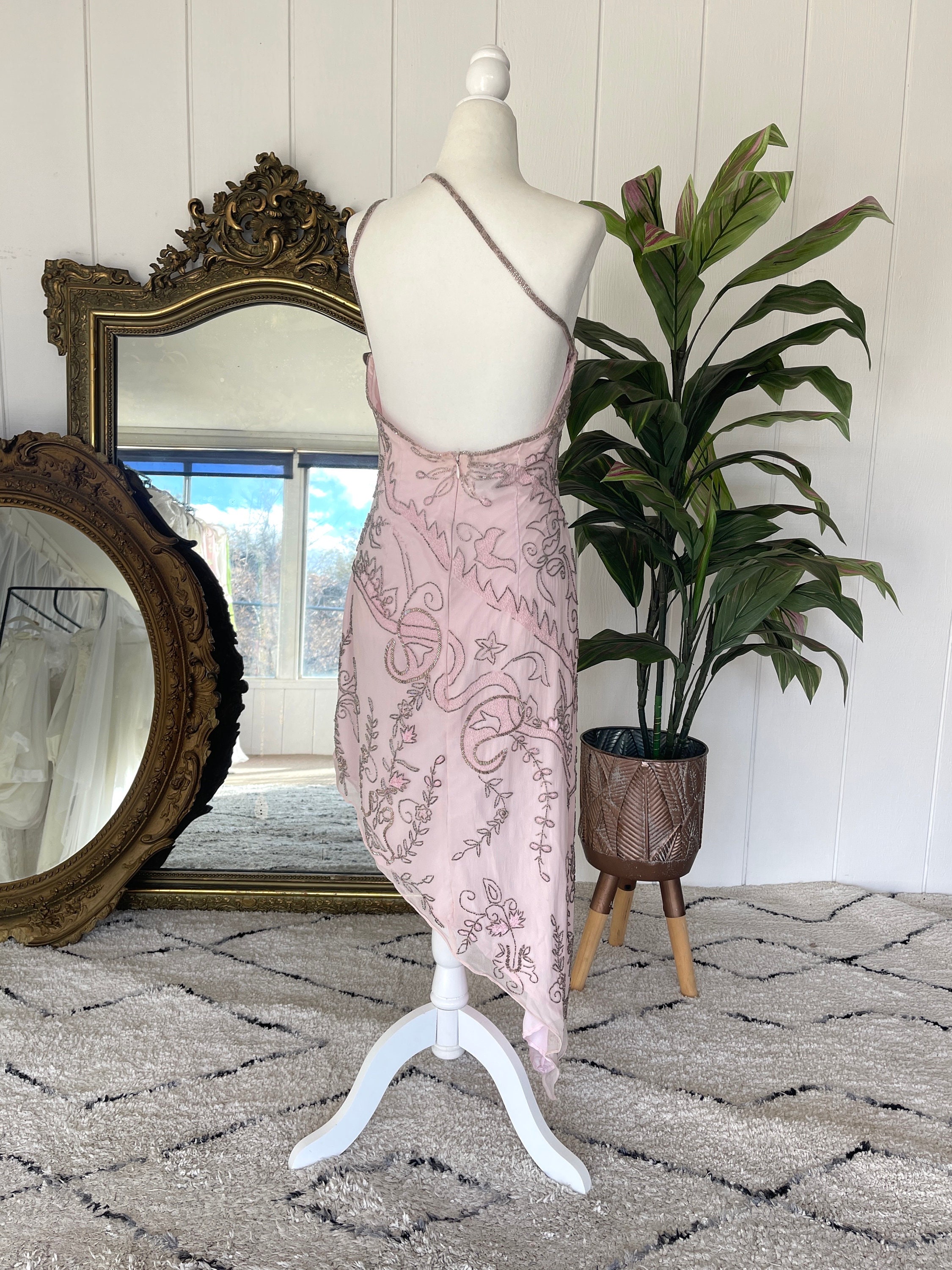 Vintage 90s Y2K Pink Sequin Embellished Silk Gown - Vintage
