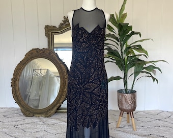 Vintage 80s/90s Tadashi Beaded Mesh Dress - Small