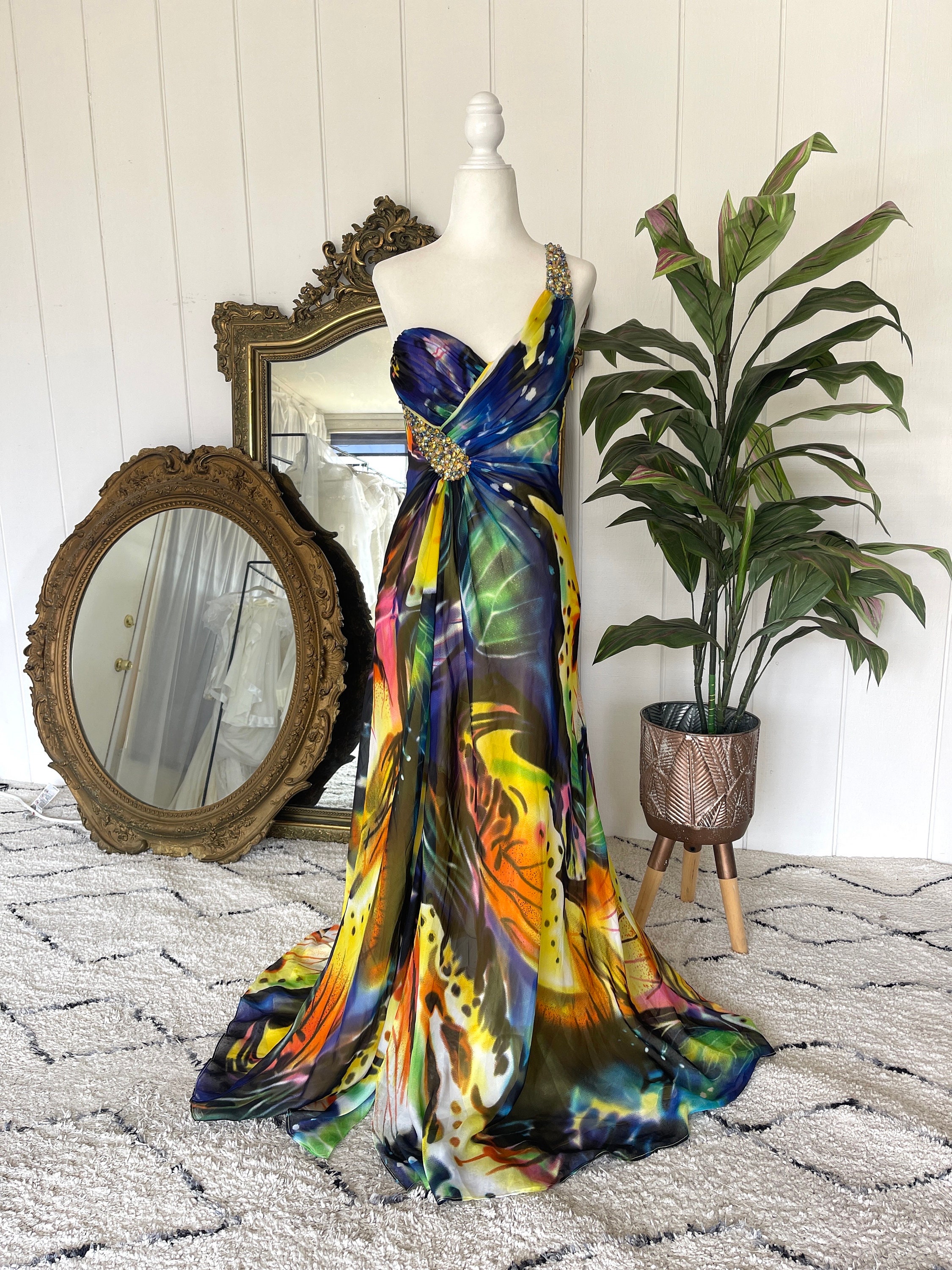 Vintage 90s Y2K Butterfly Print Embellished Gown - Vintage One Shoulder Dress - Size 2