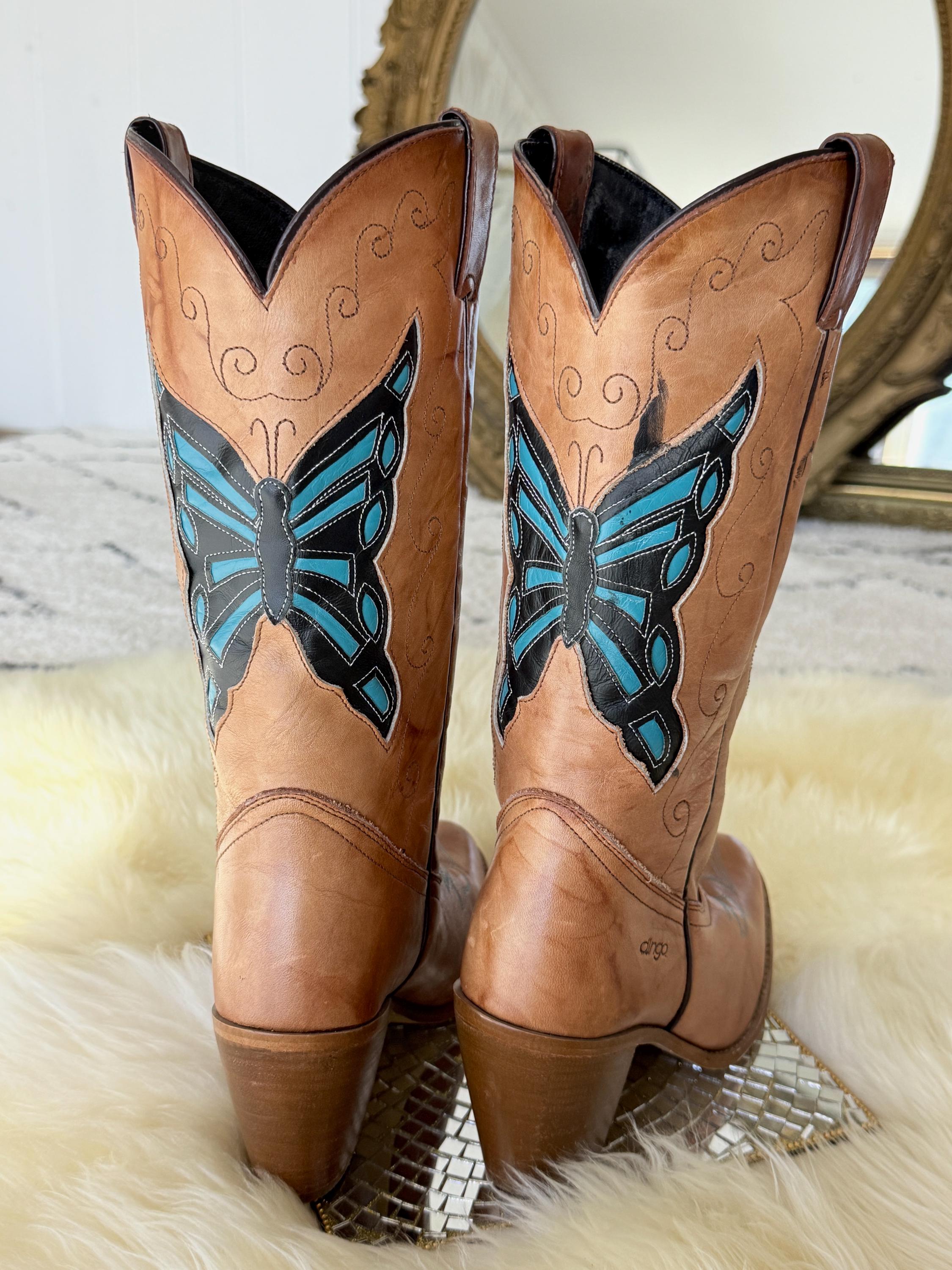 靴 rare 00s dingo concho western boots Vintage Dingo Butterfly Cowboy Boots - Vintage Brown Western Boots