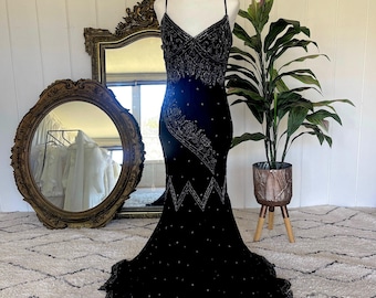 Vintage 90s Y2K Silk Beaded Gown - Vintage Embellished Sequin Dress - Size 6
