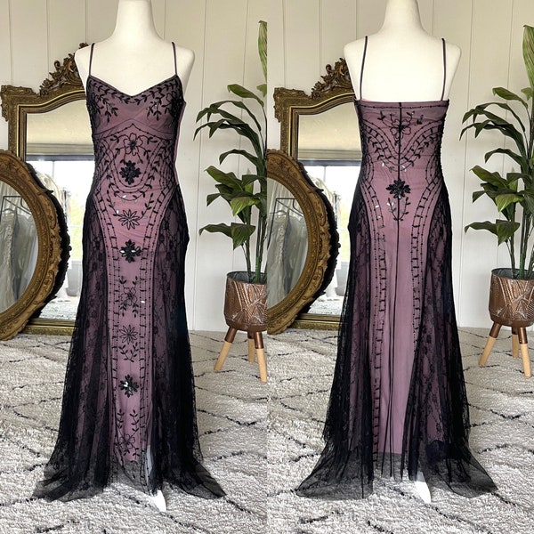 Vintage 90s Y2K Beaded Mesh Overlay Gown - Vintage Embellished Sequin Lace Dress - Size 7/8