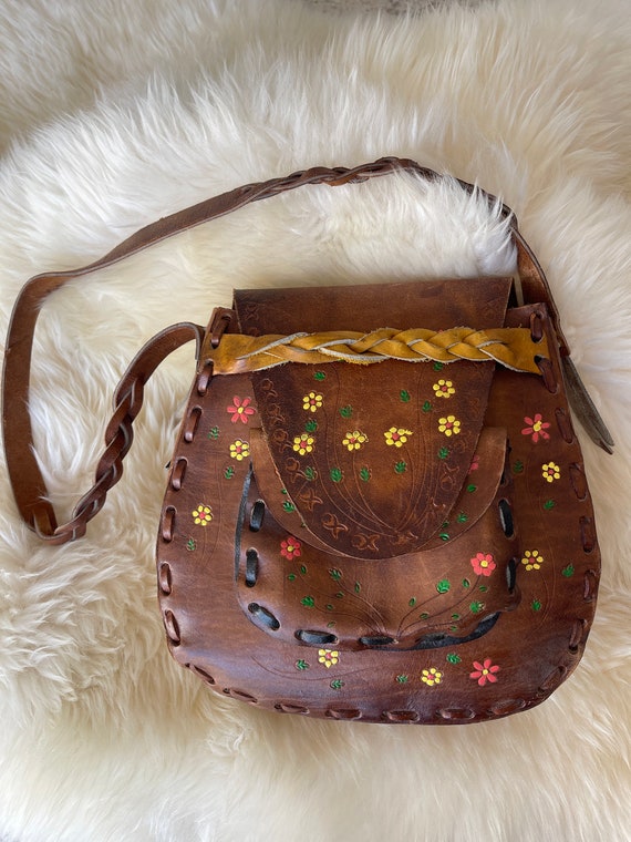 Vintage 70s Tooled Leather Painted Floral Purse -… - image 1