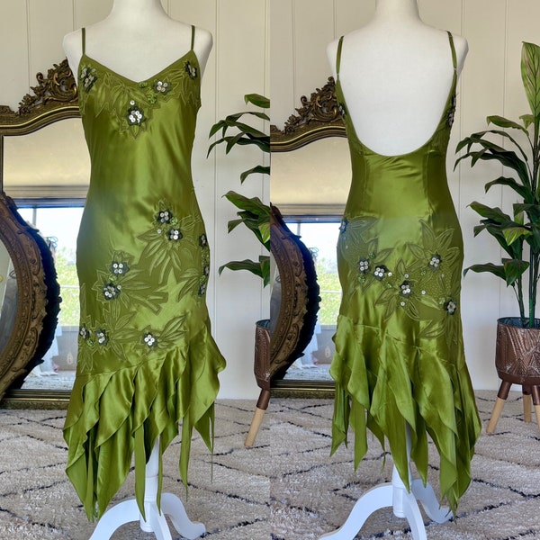 Vintage Sue Wong 90s Y2K Fairycore Silk Embellished Dress - Sue Wong Silk Ruffle Asymmetrical Hem Gown - Size 2