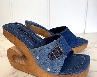 Vintage 90s Y2K Studded Denim Carved Wooden Heel Platform Sandals - Size 5 1/2