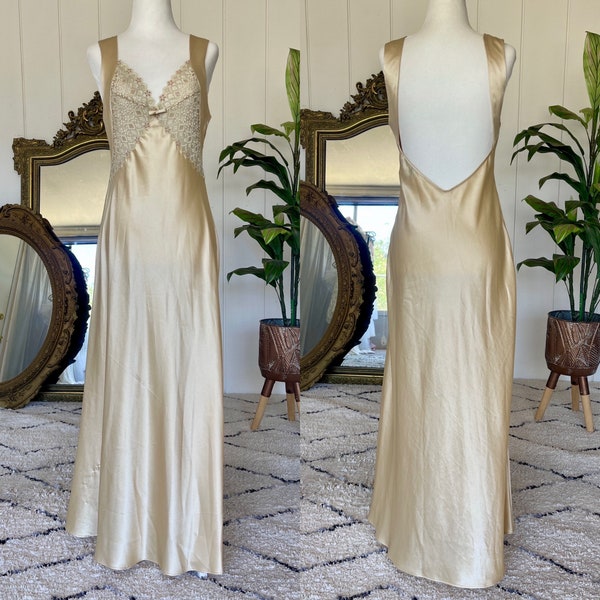 Rare Vintage Valentino Gold Satin and Lace Slip Dress - Bridal Gift - Vintage Lingerie Nightgown - Small