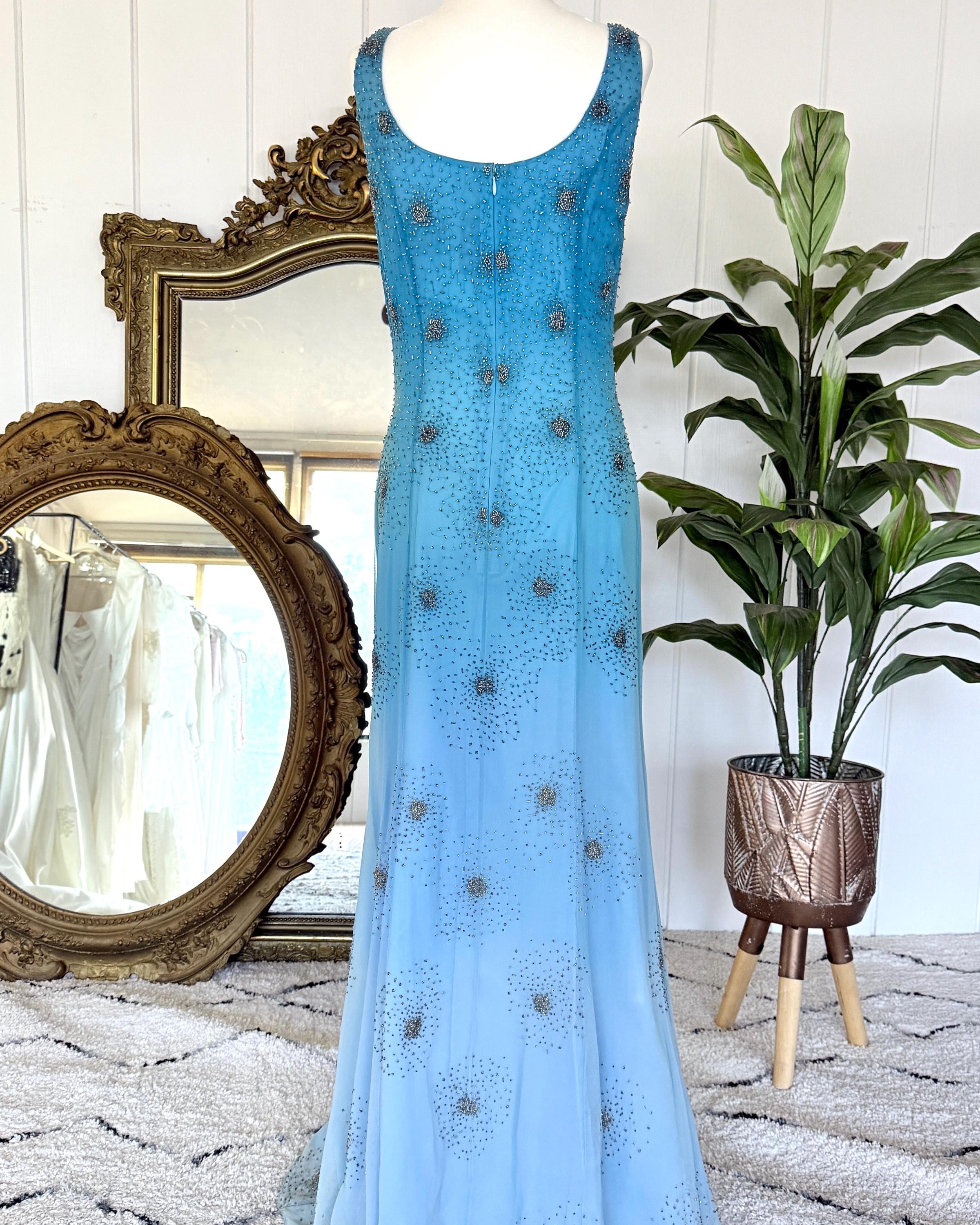 Vintage 90s Blue Ombré Beaded Silk Gown - Deadstock- Size Medium