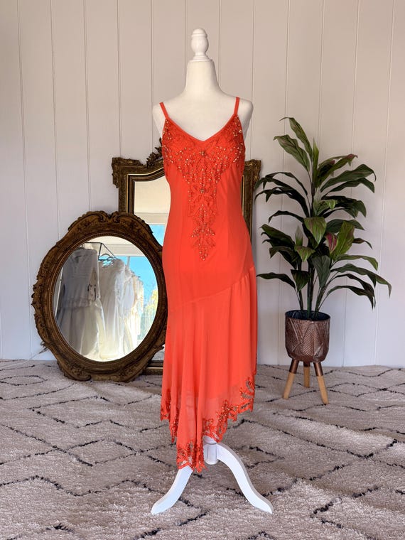 asymmetrical orange dress Vintage Deadstock 90s Y2K Beaded with Hem, Bias Cut CL136255209 Rhinestone/Crystal Cowl Neck Gold Beaded Color:Navy