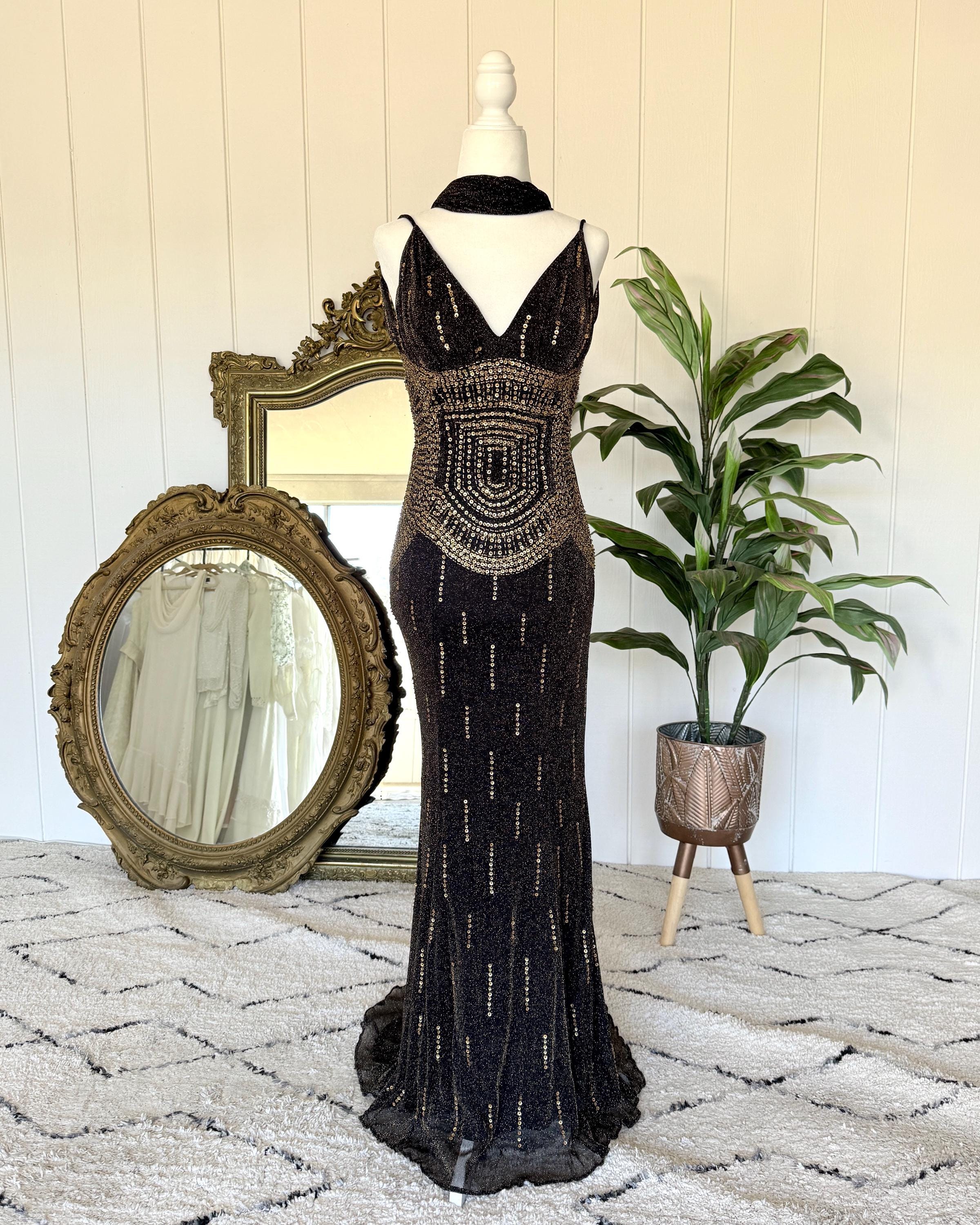 navy blue dress for baby girl Vintage 90s Y2k Cache Gown - Vintage Embellished Sequin Dress