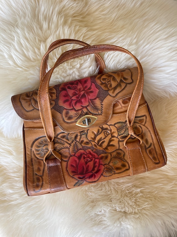 Vintage 70s Tooled Leather Bohemian Rose Purse - V