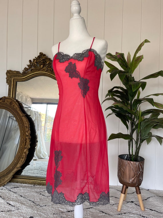 Sheer Red Vintage Slip Dress - image 2