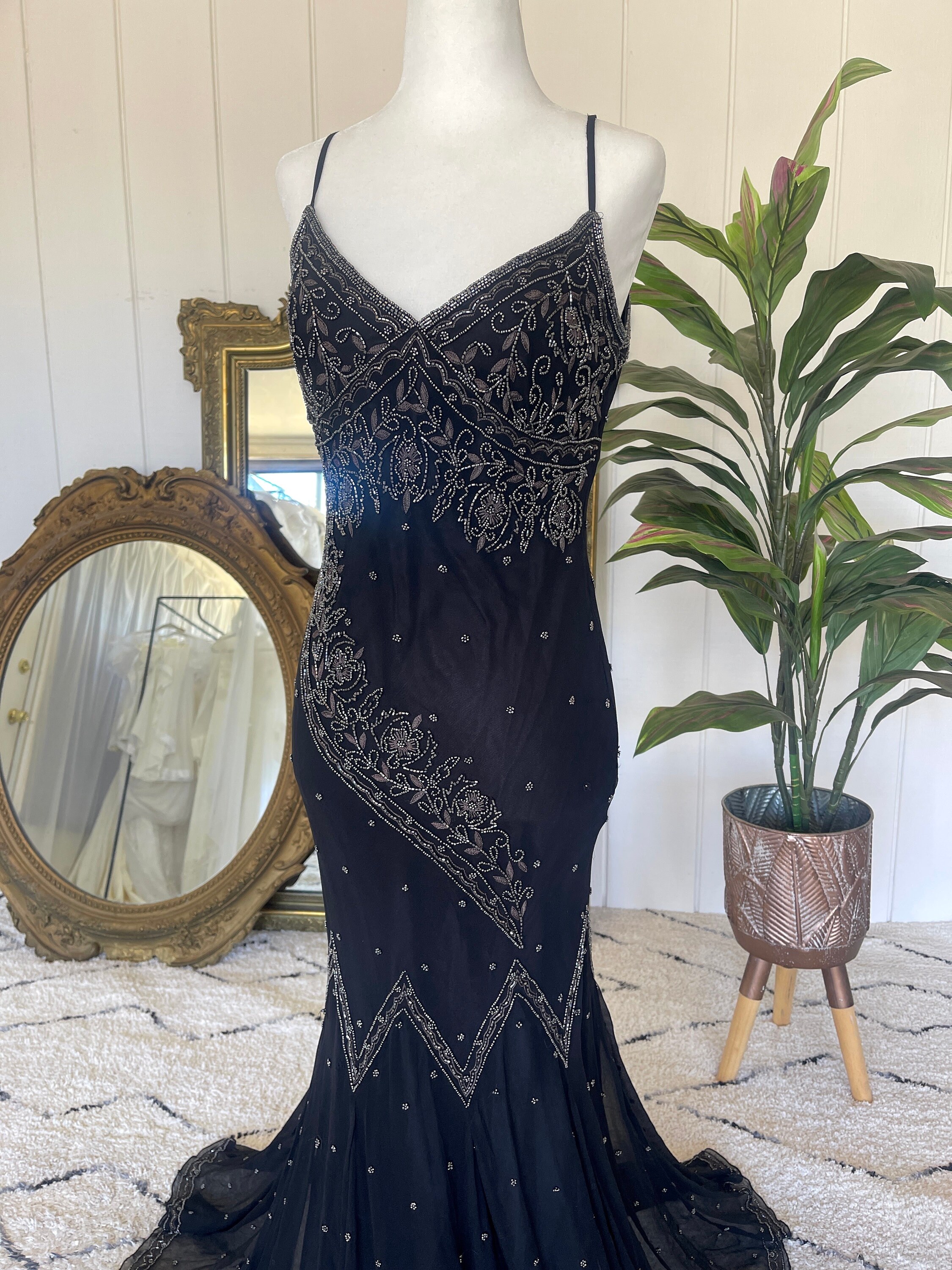 blue dress for baby girl Vintage 90s Scala Black Beaded Silk Backless Mini Dress main image 0