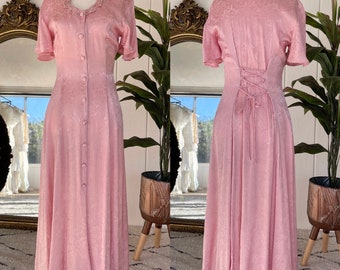 Vintage 70s Jody California Pink Rose Jacquard Dress - VTG 1970s Keyhole Corset Back Dress