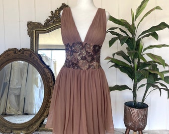 Vintage Deadstock Scala 90s Y2K Fairycore Beaded Sequin Brown Dress