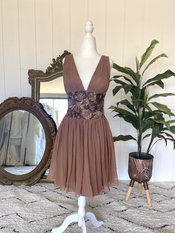 brown beaded dress Vintage Deadstock Scala 90s Y2K Fairycore Sequin Beach Casual Wedding Dress It features a beaded KissProm Strapless Mermaid Long COLOR:Navy/Ecru