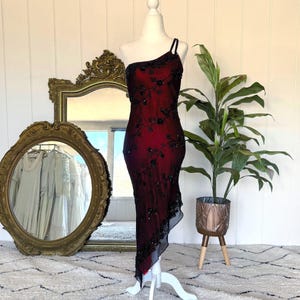 cache one shoulder dress Vintage 1995 Cach One Shoulder Beaded Brown Asymmetric Dress