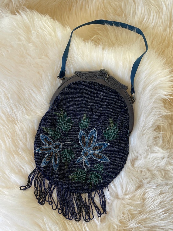 Vintage Micro Beaded Floral Purse with Fringe - An