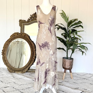 Vintage 90s Y2K Silk Burnout Bias Cut Beaded Gown - Vintage Beaded Sequin Dress - Size 12