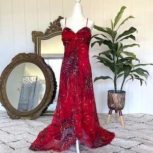 Vintage 90s Y2K Sue Wong Red Floral Embellished Silk Gown