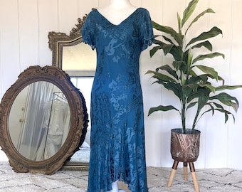 Vintage Adrianna Papell 90s Y2K Silk Burnout Assymetrical Dress