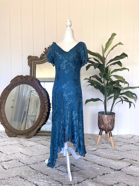 Vintage Adrianna Papell 90s Y2K Silk Burnout Assymetrical Dress