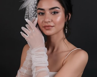 Handmade White Tulle Bridal Gloves: Elegant Ruched Wedding Accessory