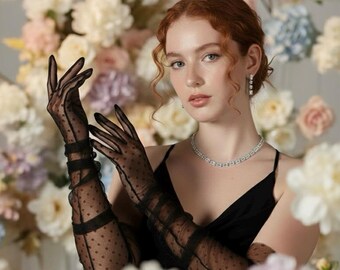 Handmade Black Tulle Long Gloves – Polka Dot Mesh Opera Gloves