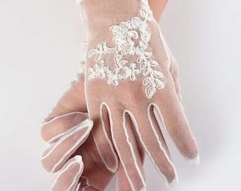 Handmade Floral Lace Wedding Gloves: Sheer Tulle Bridal Accessory