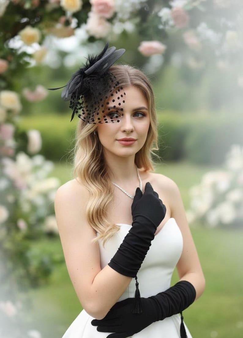 Vintage Fascinator Hat with Long Satin Gloves, One Size, Polyester Mesh Feathers Going to a 1920s themed Birthday Party? Pearls ☑️ Gloves  main image 3