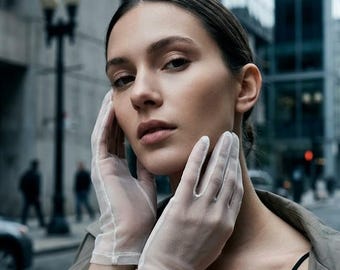 Sheer Gloves, Minimal Mesh Gloves, Short White Gloves, Bridal & Evening Gloves, Elegant See Through Gloves, Soft Aesthetic Accessory