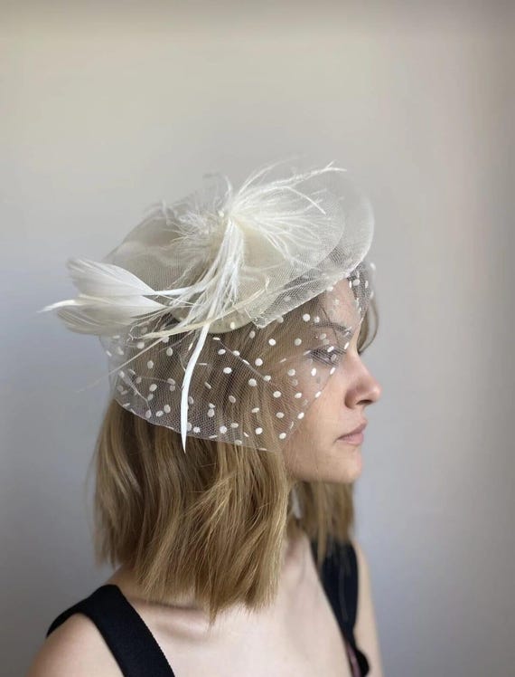 Handmade White Bridal Fascinator: Feather Veil, Polka Dot 