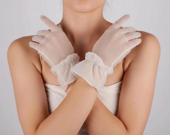 Handmade White Tulle Gloves: Ruffled Bridal Accessory