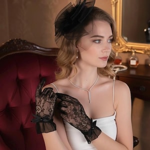 Handmade Black Tulle Gloves: Feather, Polka Dot Lace Bridal Accessory