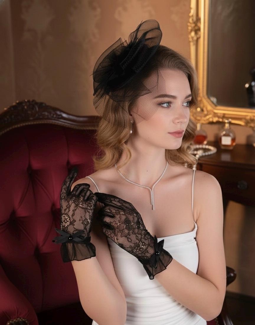 Handmade Black Tulle Gloves: Feather, Polka Dot Lace Bridal Accessory