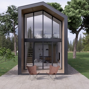 Tiny House Design,one bedroom with a small balcony on the upstairs and one bathroom and a living room with Kitchen on the downstairs.