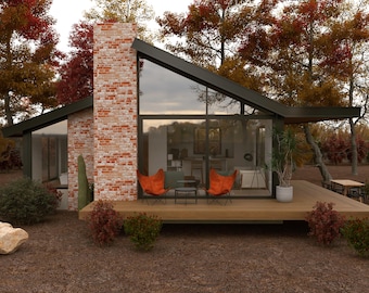 Plano de casa cabaña moderna / Diseño de casa pequeña contemporánea / Planos arquitectónicos digitales