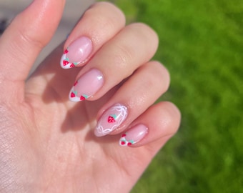 Strawberry Lace Press On Nails, Set of 10 Handmade Reusable Coquette Summer Spring Strawberry Fruit Bow