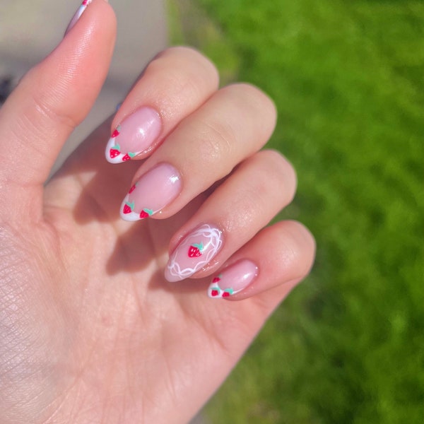 Strawberry Lace Press On Nails, Set of 10 Handmade Reusable Coquette Summer Spring Strawberry Fruit Bow