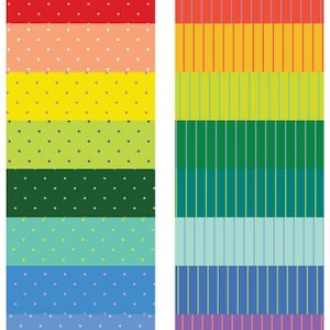 Puede incluir: Un diseño de patrón colorido a rayas y lunares. El diseño presenta filas alternas de rosa, rojo, naranja, amarillo, verde, azul, morado y gris. Las rayas son verticales y los lunares son pequeños y están espaciados uniformemente.