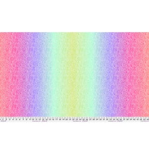 May include: A colourful fabric with a gradient of colours, shifting from pink to purple, green, and yellow. The fabric has a delicate, white, swirling pattern. A ruler is at the bottom of the fabric.