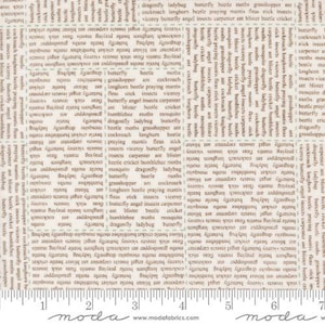 May include: A light beige fabric featuring a repeating grid pattern of dark brown text listing various insect names such as dragonfly, ladybug, butterfly, beetle, and moth. A white ruler is visible at the bottom, measuring up to 7 inches.