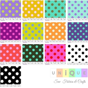 May include: A collection of polka dot fabric swatches in various colors, including purple, yellow, teal, pink, orange, and black. Each swatch features evenly spaced, contrasting colored dots. The text "UNIQUE Sew Fabrics & Crafts" is visible.