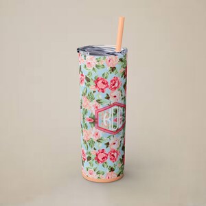 Personalized Floral Skinny Tumbler with Straw l 20oz Custom Monogram Cup for Moms, Nurses, Teachers, Kids l Back to School Gift