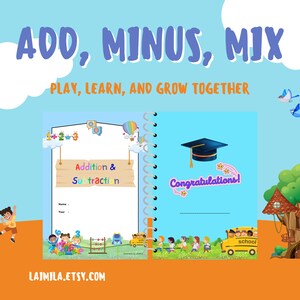 Puede incluir: Una libreta de espiral azul y blanca con las palabras "Add, Minus, Mix" y "Play, Learn, and Grow Together" en la portada. La página izquierda tiene el título "Addition & Subtraction" y la página derecha tiene el título "Congratulations!"