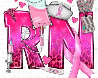 May include: Pink glitter letters spelling "RN" with a pink ribbon, a pink IV bag, a pink thermometer, a pink stethoscope, a pink pill bottle, a pink notepad, and pink hearts.