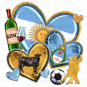 Op de afbeelding: Een digitale illustratie van een hartvormig ontwerp met een blauw-witte Argentijnse vlag, een koe, een voetbal, een wijnfles, een wijnglas en een dansend stel. Het ontwerp is omgeven door gouden glitter en harten.